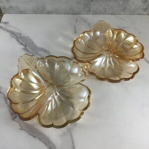 Jeanette Carnival Glass Marigold Divided Candy Nut Dish Set Of 2 Vintage Scallop